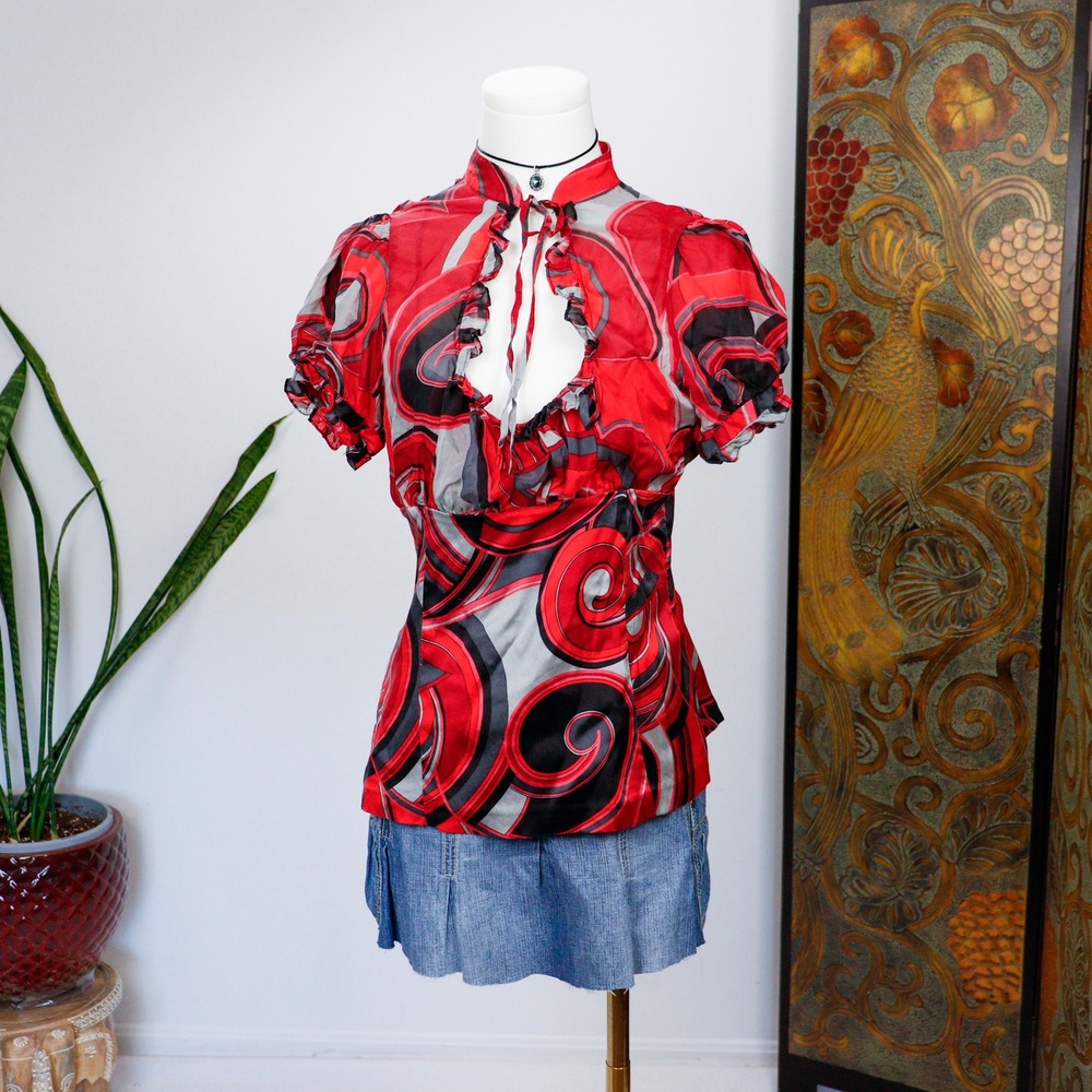 Y2K Arden B Silk Swirl Print Ruffle Blouse Red Grey Keyhole Top